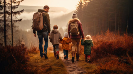 Family on a hike in the mountains. Together to new adventuresの素材