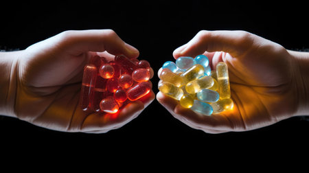 A mans hand holds multi-colored pillsの素材