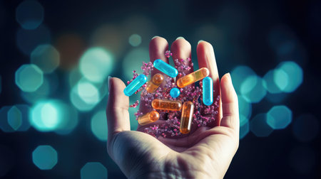 A mans hand holds multi-colored pillsの素材