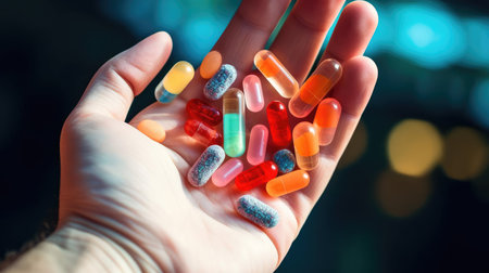 A mans hand holds multi-colored pillsの素材