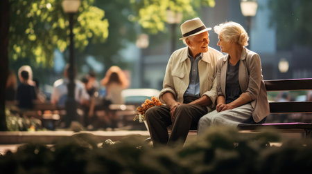 Elderly people on a bench in the parkの素材