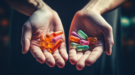 A mans hand holds multi-colored pillsの素材