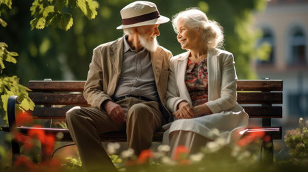 Elderly people on a bench in the parkの素材