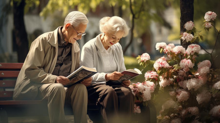 Elderly people on a bench in the parkの素材