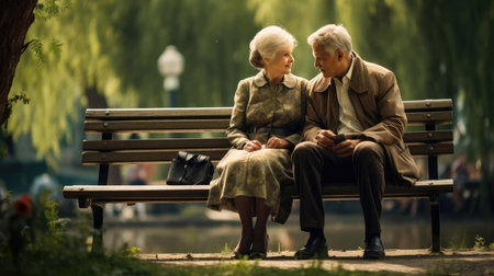Elderly people on a bench in the parkの素材