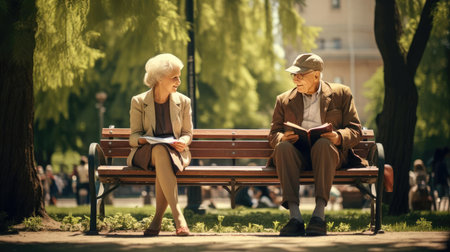 Elderly people on a bench in the parkの素材