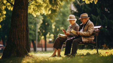 Elderly people on a bench in the parkの素材