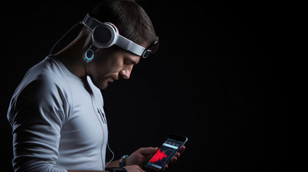 Man with smartphone and health tracking appの素材