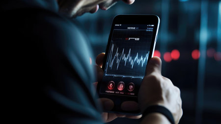 Man with smartphone and health tracking appの素材