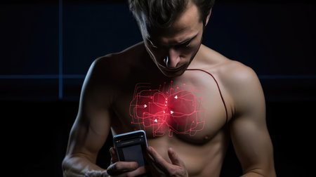 Man with smartphone and health tracking appの素材