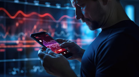 Man with smartphone and health tracking appの素材