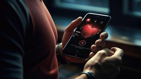 Man with smartphone and health tracking appの素材