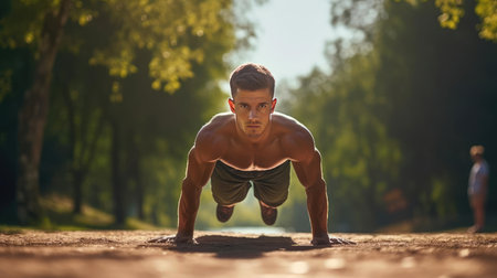 Man in the park doing sports, sunny dayの素材