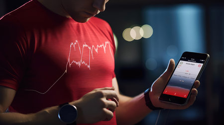 Man with smartphone and health tracking appの素材