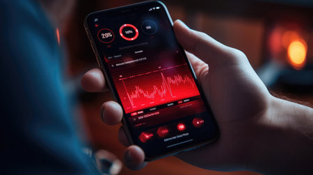Man with smartphone and health tracking appの素材