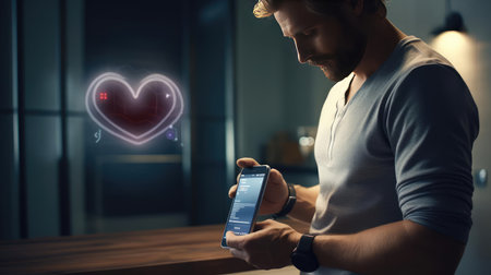 Man with smartphone and health tracking appの素材