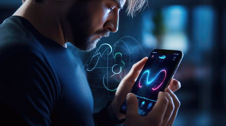 Man with smartphone and health tracking appの素材