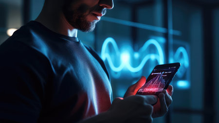 Man with smartphone and health tracking appの素材