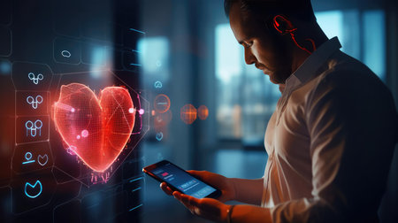 Man with smartphone and health tracking appの素材