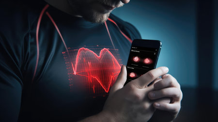 Man with smartphone and health tracking appの素材