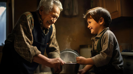 Grandchild and grandparent washing dishesの素材