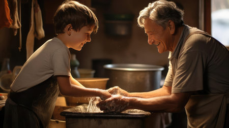 Grandchild and grandparent washing dishesの素材