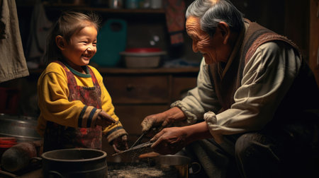 Grandchild and grandparent washing dishesの素材