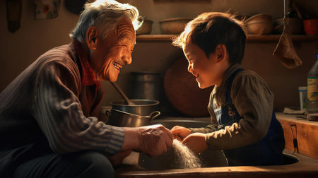 Grandchild and grandparent washing dishesの素材