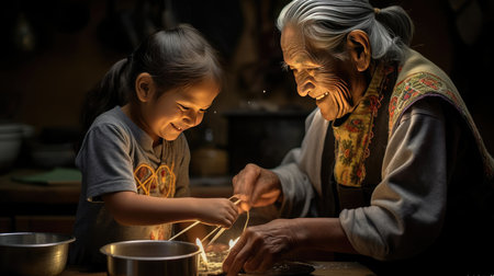 Grandchild and grandparent washing dishesの素材
