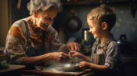 Grandchild and grandparent washing dishesの素材