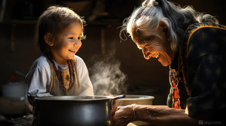Grandchild and grandparent washing dishesの素材