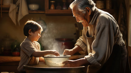 Grandchild and grandparent washing dishesの素材