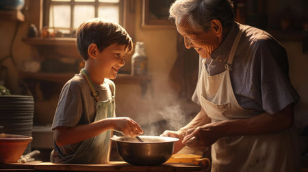 Grandchild and grandparent washing dishesの素材