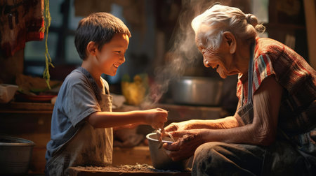 Grandchild and grandparent washing dishesの素材