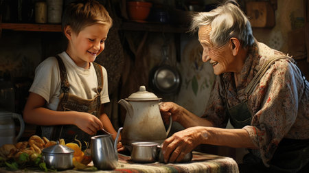 Grandchild and grandparent washing dishesの素材