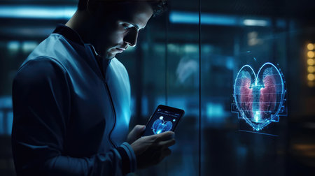 Man with smartphone and health tracking appの素材