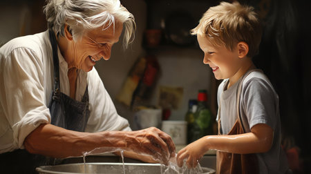 Grandchild and grandparent washing dishesの素材