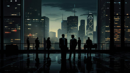 Dark figures of people on the background of the night cityの素材