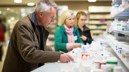 Pharmacist advises customers in the pharmacyの素材