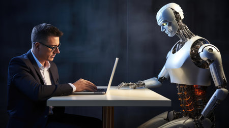 A man at a table communicates with a robotの素材