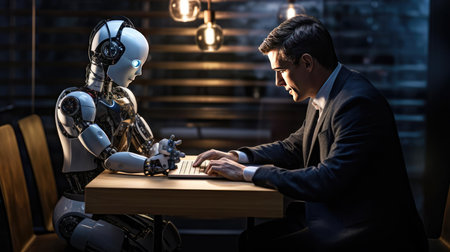 A man at a table communicates with a robotの素材