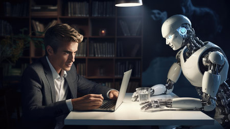 A man at a table communicates with a robotの素材