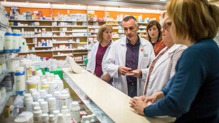 Pharmacist advises customers in the pharmacyの素材
