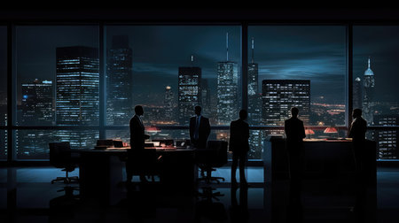 Dark figures of people on the background of the night cityの素材