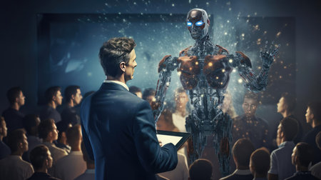 Presentation of a robot with AI at a conference in front of peopleの素材