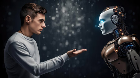 A man at a table communicates with a robotの素材