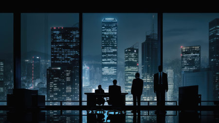 Dark figures of people on the background of the night cityの素材