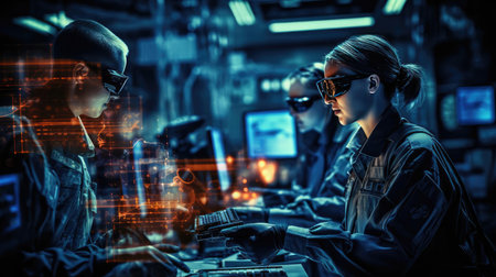 Military at computers in a dark roomの素材