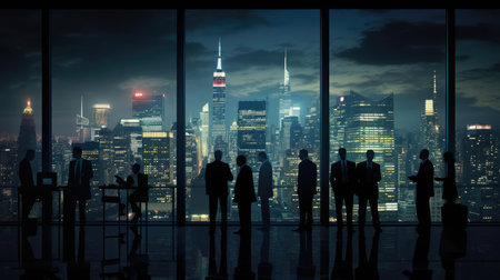 Dark figures of people on the background of the night cityの素材