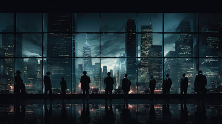 Dark figures of people on the background of the night cityの素材